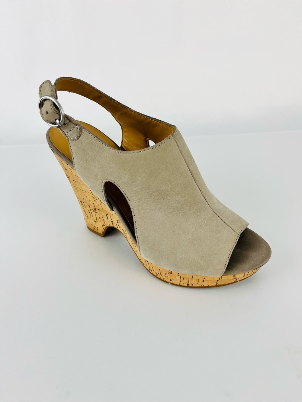 Franco Sarto Gabriel Peep Toe Suede Leather Wedge Sandal Taupe Gray Tan Size 8.5
